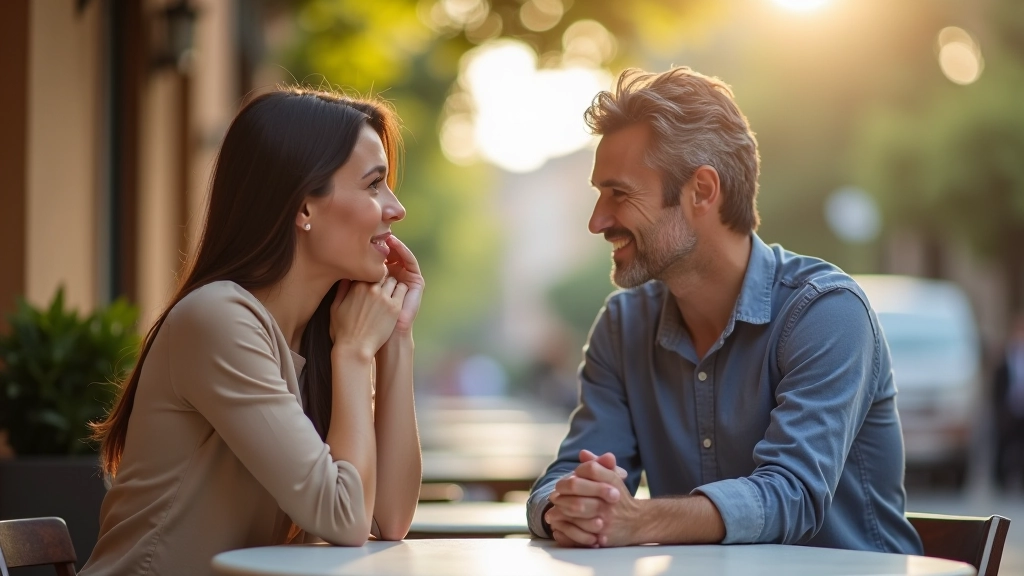 Coppia seduta al tavolo da caffè, uno ascolta mentre l'altro parla, linguaggio del corpo aperto