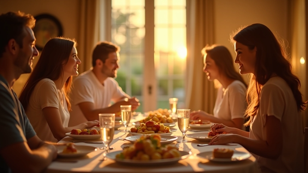 Famiglia italiana riunita intorno al tavolo da pranzo, conversazione animata ma consapevole