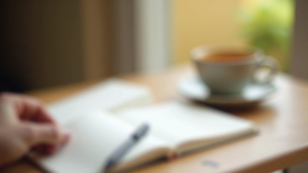 Tavolo con diario aperto, penna e una tazza di tè in un ambiente luminoso e calmo