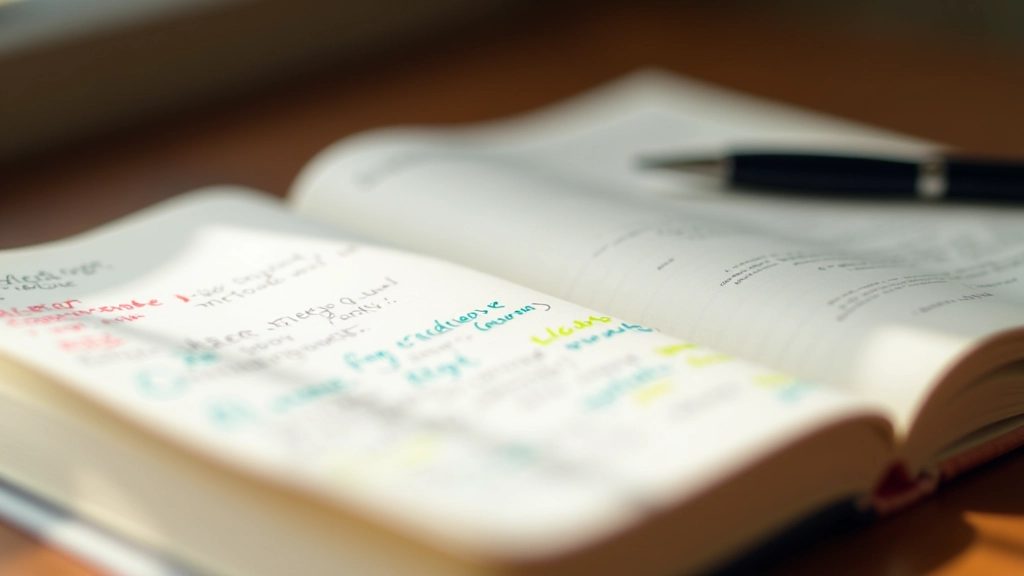 Primo piano di pagine di diario scritte a mano con evidenziazioni colorate e note a margine