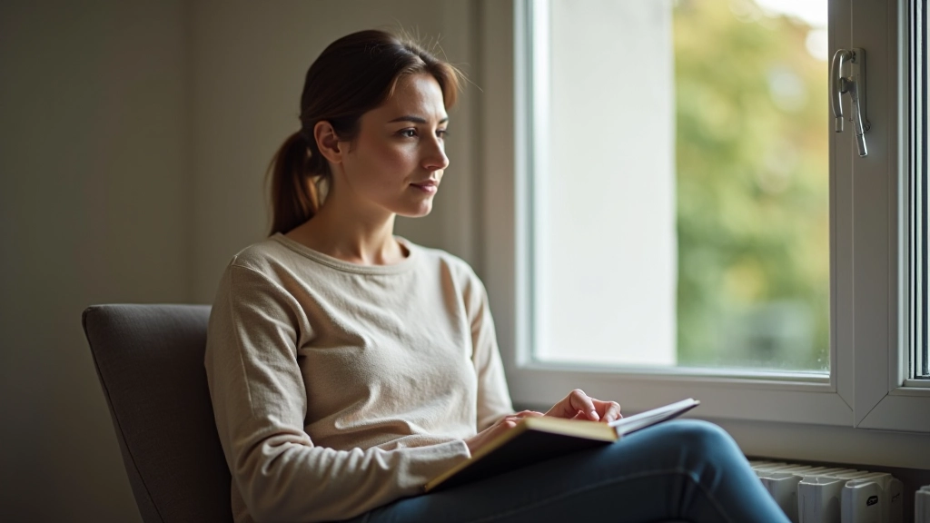 Persona che tiene un diario aperto seduta accanto a una finestra con vista su un giardino tranquillo, in riflessione silenziosa