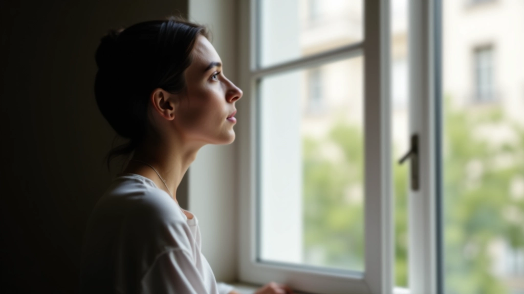 Persona che guarda fuori da una finestra in pensiero, con diario e penna sul tavolo accanto