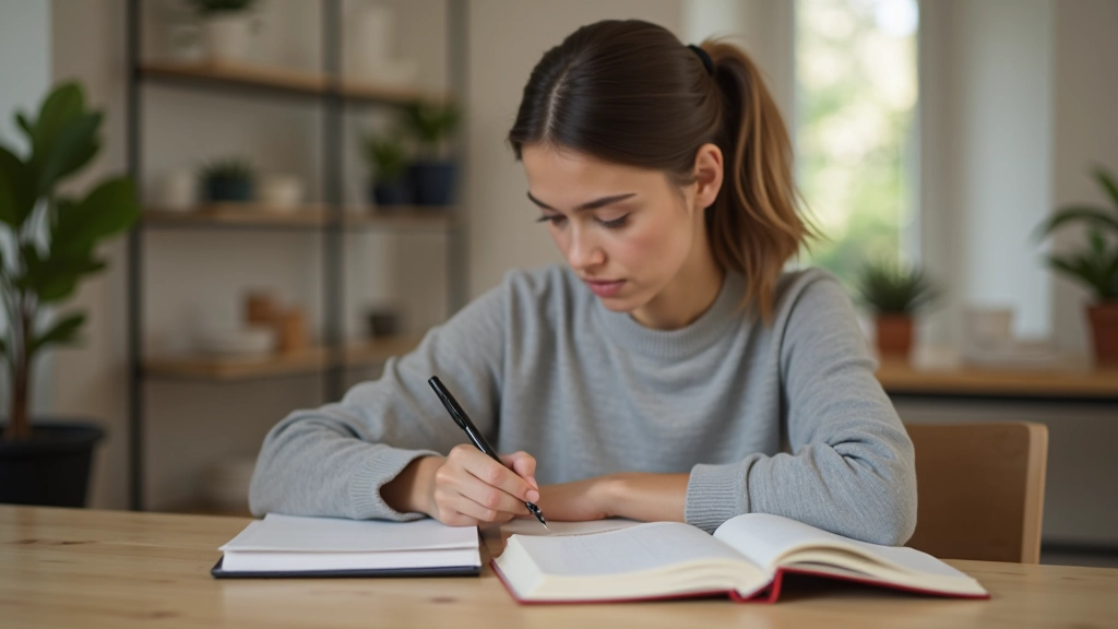 Persona che scrive nel diario con espressione concentrata, mani visibili, luce naturale da finestra