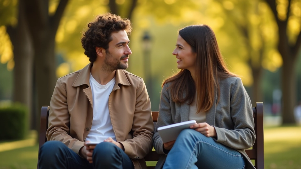 Due amici seduti su una panchina in parco, conversazione intima e consapevole, ascolto reciproco