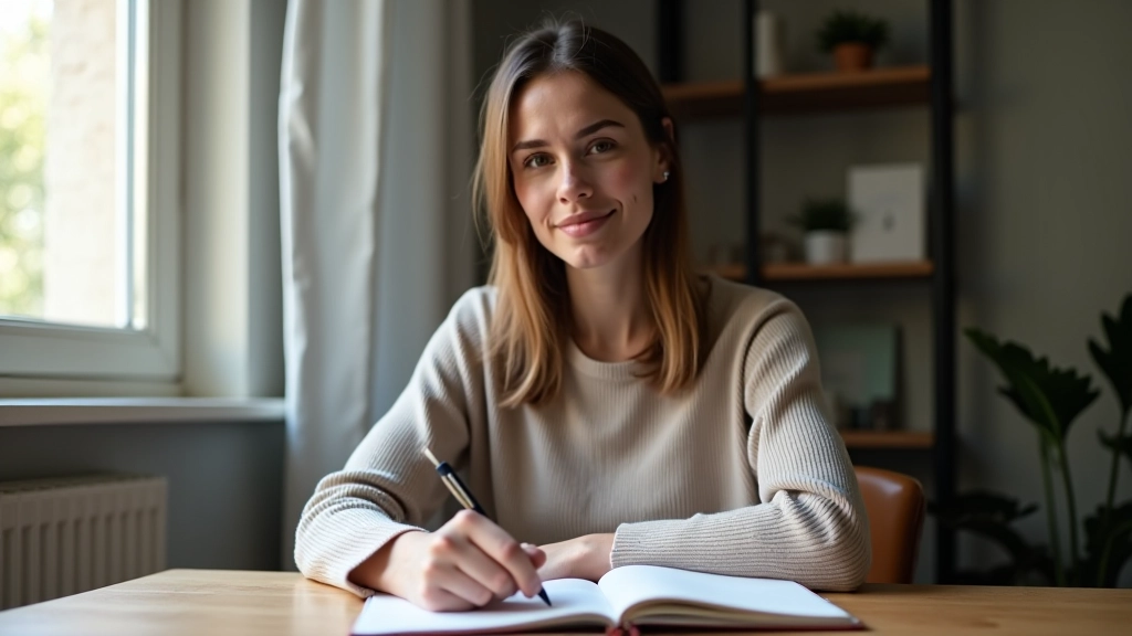 Persona che scrive in un diario con una penna, riflettendo su emozioni e pensieri personali