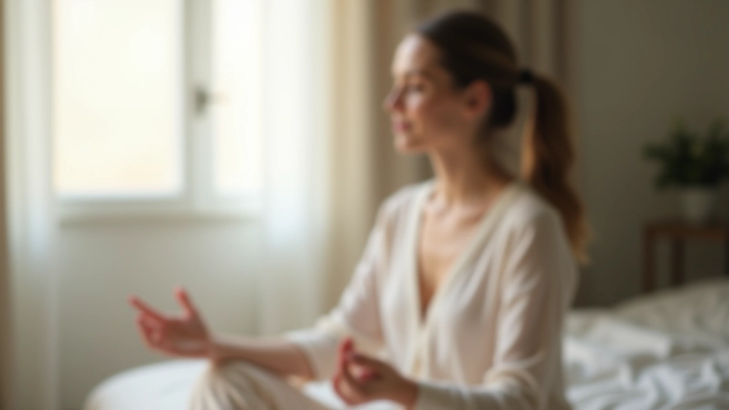 Donna che medita in posizione seduta serena con gli occhi chiusi in uno spazio tranquillo illuminato dalla luce naturale